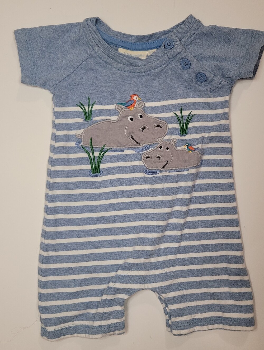 Jojo Maman Bebe Blue & White Striped Hippopotamus Romper, 0-3 months